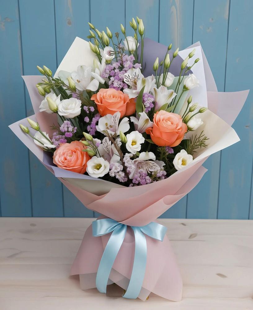 Букет цветов из: Лизиантусы, Розы, Альстромерии и Гипсофила в Ханты-Мансийске